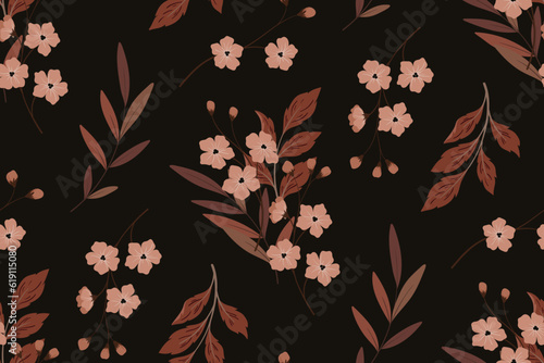 Seamless floral pattern, vintage ditsy print with autumn herbs. Elegant botanical design with hand drawn wild plants: small flowers, leaves, branches on a dark brown background. Vector illustration.