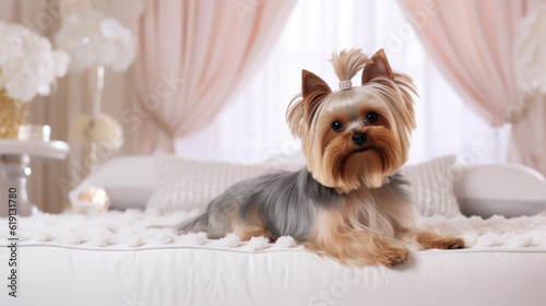 Cute domestic Yorkshire terrier dog in a cozy well lit bedroom. Indoor background with copy space. Generated with AI.