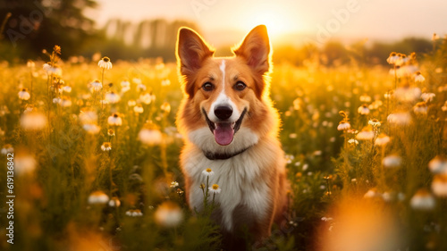 a dog sitting in a field of flowers. Generative AI