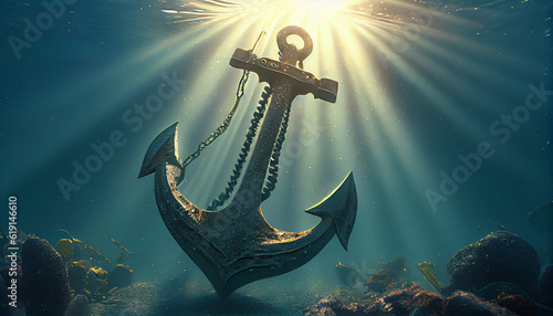 Anchor on the sea. Illustration of big iron anchor underwater view Ai generated image 