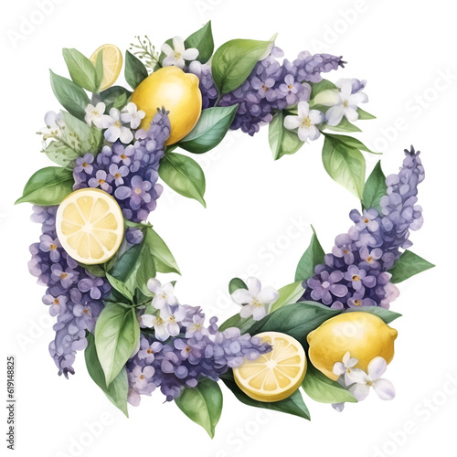 Illustration wreath with lemons and lilac watercolor. Generative AI, png image.