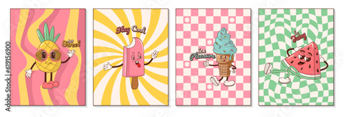 Set of summer groovy posters with cheerful food and drinks characters Vector Illustration with bubble tea, lemonade, ice cream, watermelon, pineapple.