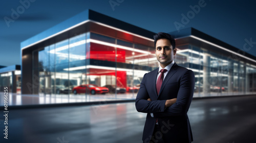 Car seller in suit in front of a modern car dealer shop