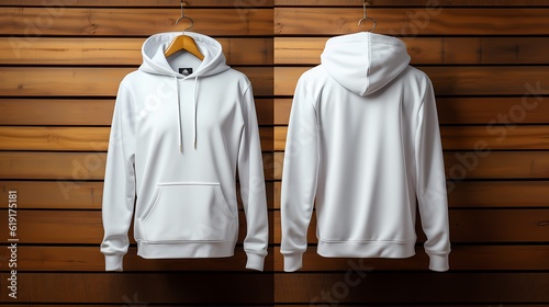 white hoodie template. Front and back view. Hoodie sweatshirt long sleeve with hoody for design mockup for print, isolated on pastel background