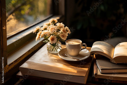 Moment pour lire à un livre avec un café et des fleurs à côté sur une table dans une maison de campagne.