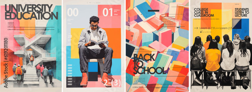 University, education and students. Vector illustrations of a school, a student reading for lessons, people listening to a lecture and a pattern of books and textbooks for a background, poster