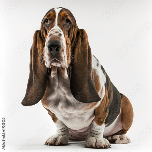 Realistic ravishing portrait of basset hound dog portrait isolated on white background as concept of domestic pet in hyper realistic detail by Generative AI.