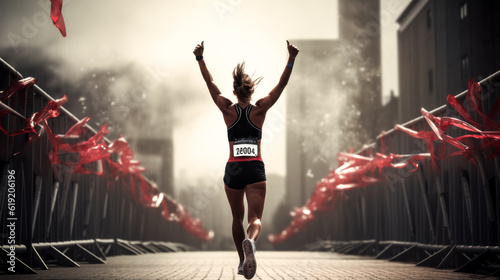 She crosses the finish line, triumphant after a marathon race, with a beaming smile on her face.
