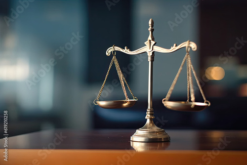 Law scale justice symbol on the blurred background. Judge justice concept. Generative AI