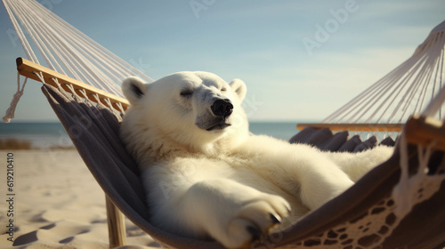 Polar Bear Relaxing on the hammock. Concept of vacation. Generative AI