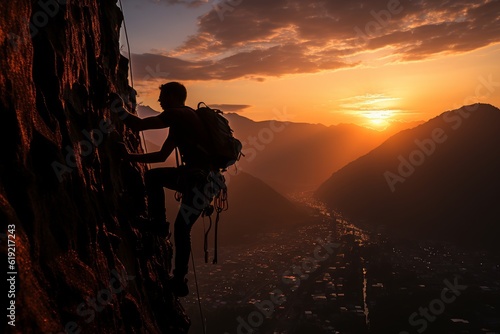young man climbing a mountain at sunset