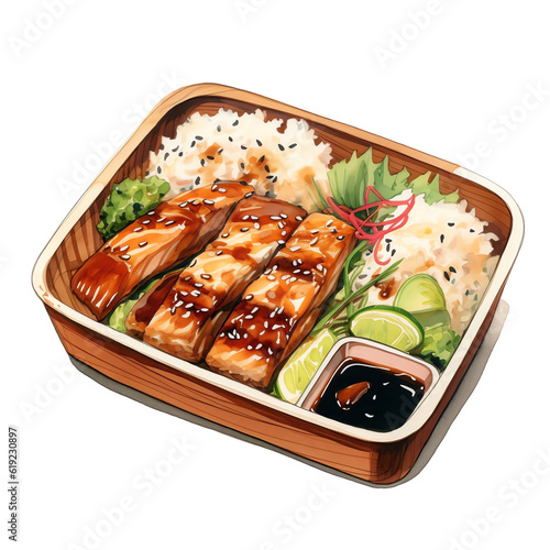 Delicious Teriyaki Bento Box: Colorful Watercolor Clipart of Glazed and Grilled Fish or Meat for Japanese Cuisine Concept