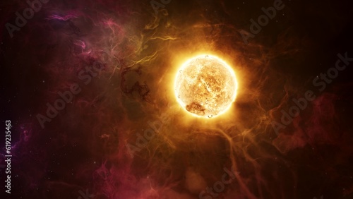 Hot erupting Sun wrapped in hydrogen plasma nebula clouds. Young star in solar system concept 3D illustration. Flares and coronal mass ejections unleash a torrent of searing glowing gases into space.