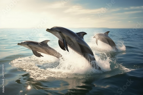 dolphins leaping in the sea. energy and joy exhibited by these intelligent and graceful marine creatures, surrounded by glistening droplets of seawater