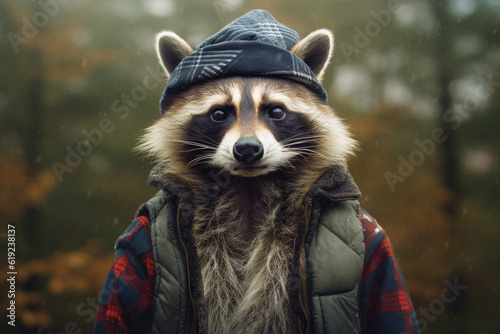 raccoon wearing a scarf and a vest. refinement and style. adorned with a vibrant scarf and a fashionable vest, attire gives it a contemporary and elegant look