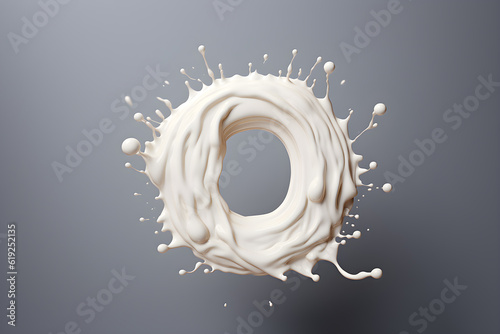 Milk splash 3D shape number 0 or zero on gray background. Concept drinks or foods with 0% milk or no fat. Graphic resources. Control eating healthy, weight loss. nutrition care. Generative Ai.