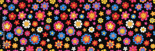 Vector groovy floral seamless pattern. Contemporary fun psychedelic daisies background. Trippy simple naive daisy flowers repeat texture. Boho style childish seamless banner backdrop