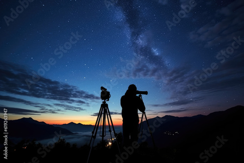 Capturing Cosmic Secrets: A Photographer with Tripod Immersed in Astrophotography, Freezing the Celestial show of Perseids and Milky Way