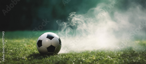 soccer ball with dust and smoke on green grass background , Generative AI