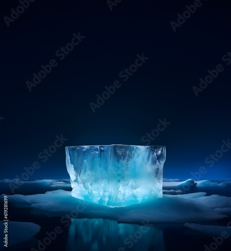 Arctic iceberg mountain landscape crystal stand product display platform on water glacier advertisement blue ice cold cool fresh winter north pole frozen snow freeze dark sky night. Generative Ai.