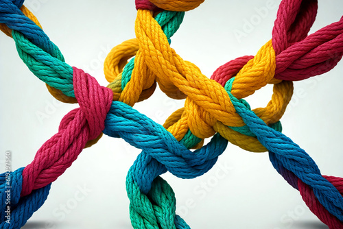 Collective Effort Integration and Unity with teamwork concept as a business metaphor for joining a partnership synergy as diverse ropes connected together in interdependence