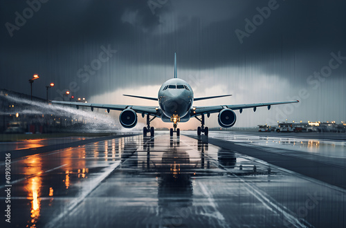 Passenger jet airplane departuring during the rainy day ai generated