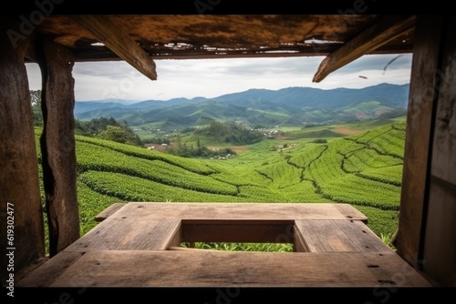 wooden table overlooking a lush green tea plantation