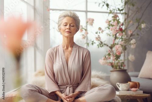 Elderly beautiful woman sitting on the floor and meditating in a beautiful room in her home