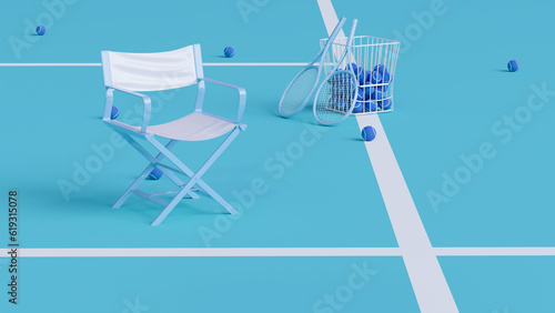 Minimal composition for sport and healthy concept. Tennis ball and racket on green tennis court in pastel colors background. Padel tennis. Advertisement idea. Creative composition. 3d render