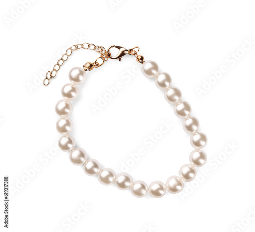 Elegant pearl bracelet isolated on white, top view