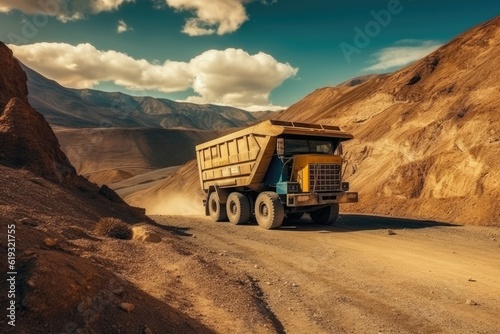 dump truck driving on a rugged dirt road in a construction site