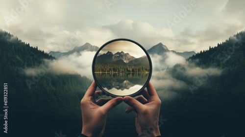 Minimalist depiction of a person holding a camera, capturing the beauty of nature through a lens 