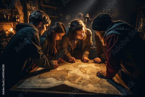 a group of friends huddled around a map, their fingers tracing routes and landmarks, engrossed in planning their next adventure together. Generative AI