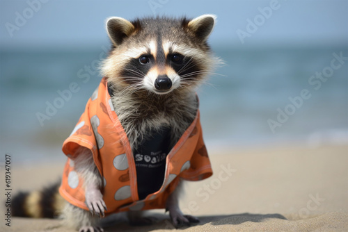 Generative AI. a raccoon wearing a beach suit