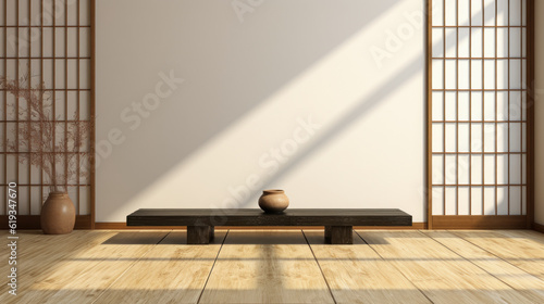 Japanese-style room for East Asian interior design décor, architecture, and product display background with tatami mat floor, wood shoji window in sunshine, and shadows cast by grills on white wall. 