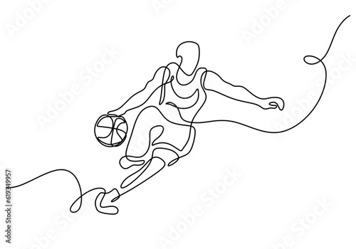 basketball player continuous one line drawing, a man dribbling a ball with power. Sport energy concept.