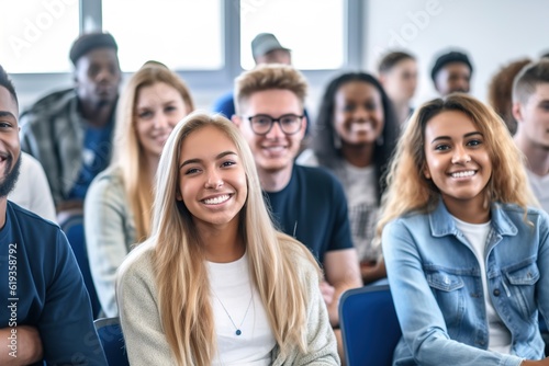 student education class lecture university college school classroom study woman group learning young lesson studying man female sitting classmate learn generative ai