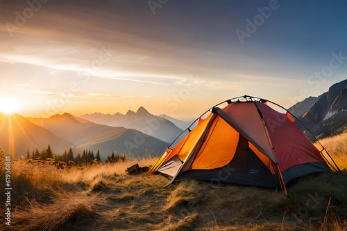  camping tent high in the mountains at sunset