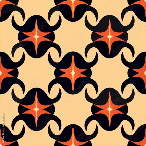 Intricate art deco pattern featuring a mesmerizing arrangement of black and red stars on a soothing beige background, reminiscent of art nouveau and Sierpinski gasket designs.