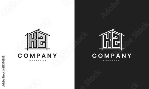 Initial KZ home logo with creative house element in line art style vector design template