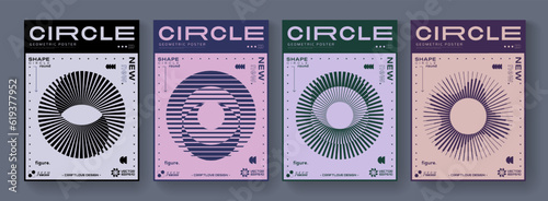 Set Of Cool Abstract Geometric Posters. Optical Illusion Circle Shape Element. Rave Acid Graphic Design. Swiss Design Retro Placard.