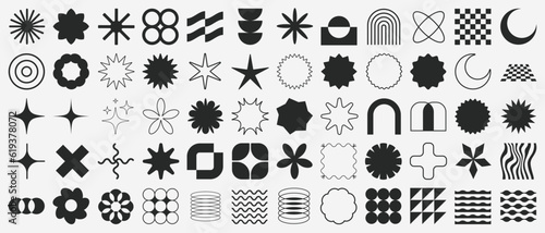 Brutalist Shapes, Cool Geometric Forms. Bauhaus Minimalist Graphic Design Elements. Trendy Y2K Vector Signs. Simple Star and Flower Basic Shapes.