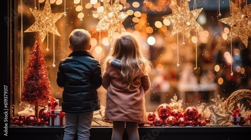 small children stand on the street near a shop window decorated with New Year's garlands