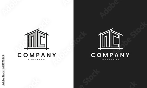 Initial NC home logo with creative house element in line art style vector design template