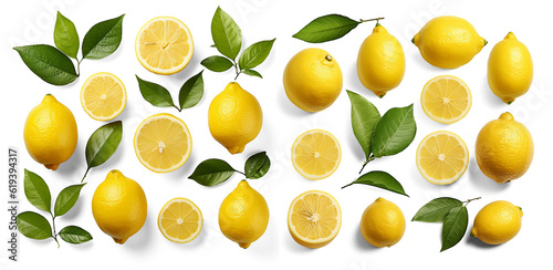 Fresh organic yellow lemon fruit with slices and green leaves isolated over a transparent background, Top view
