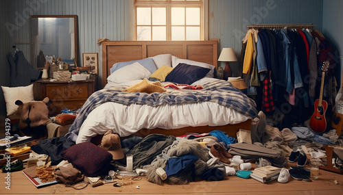 Very messy, cluttered teenage boy's bedroom with piles of clothes, music and sports equipment. Young Teenager interior