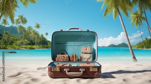 isolated open suitcase with vacation landscape