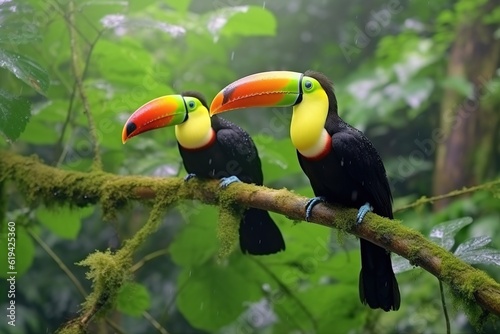 Two toucans sitting on the branch in the forest, green vegetation in the background.