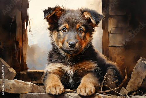 cute little german shepherd dog in watercolor design