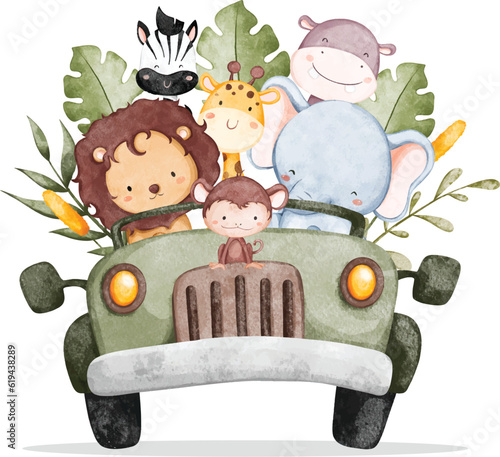 Watercolor illustration safari animals in jeep